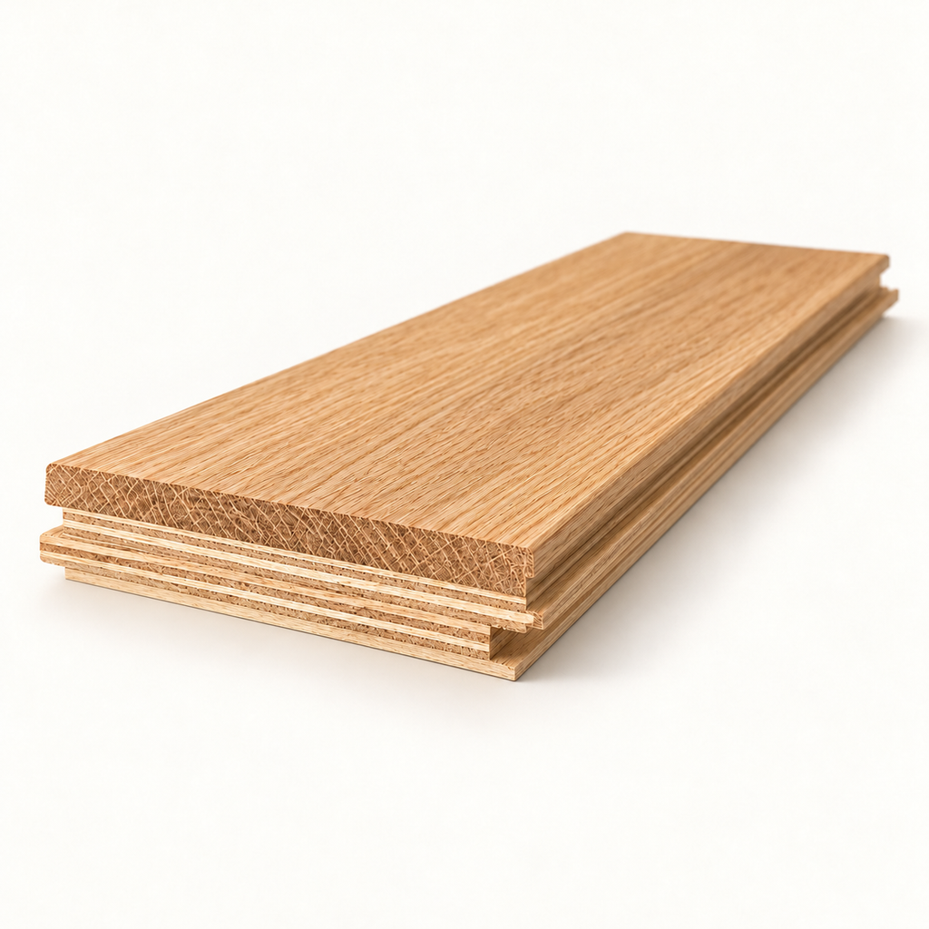 Illustration of multi-ply engineered wood flooring construction